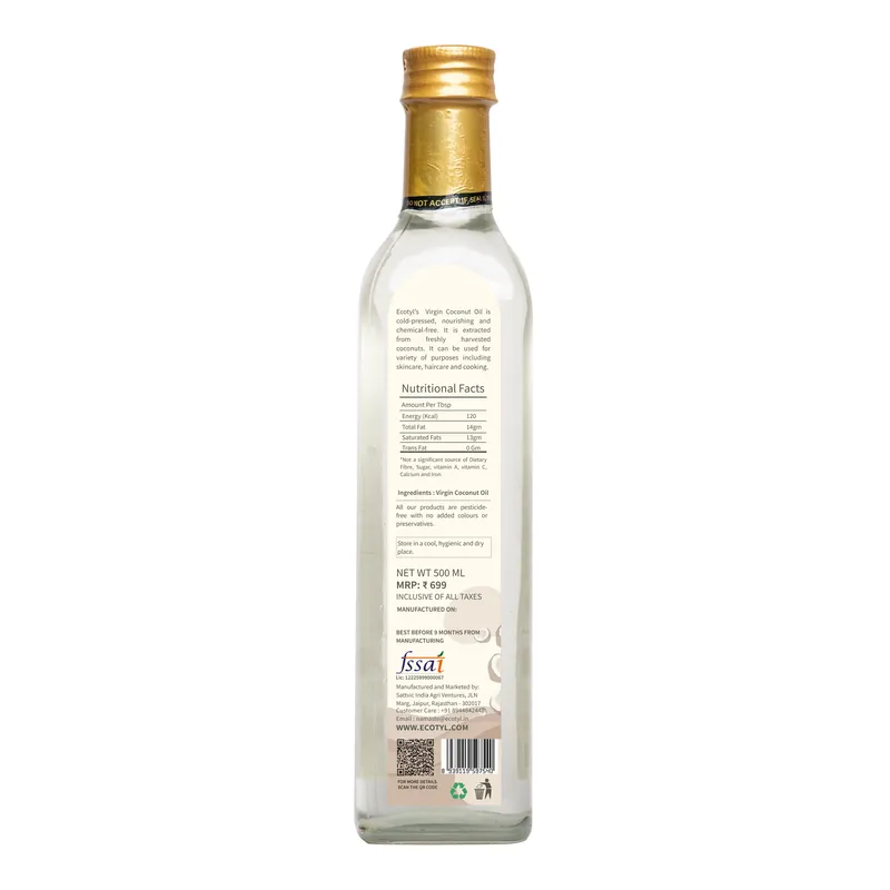 Ecotyl Cold-Pressed Virgin Coconut Oil | Kachi Ghani | Suitable for Cooking | 500ml thumbnail
