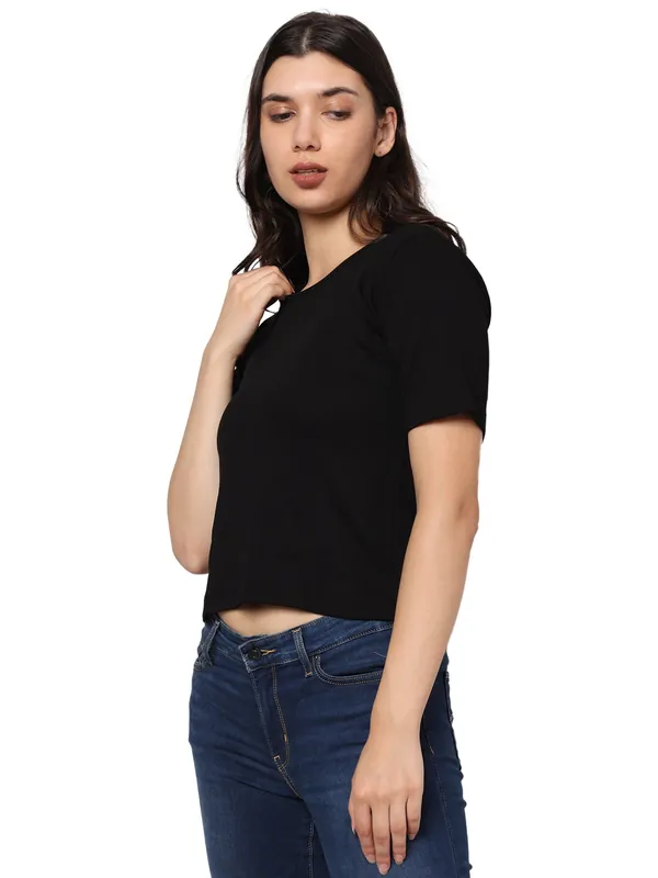 Elegant Bamboo Rib fabric Half Sleeves Top For girl | Black thumbnail