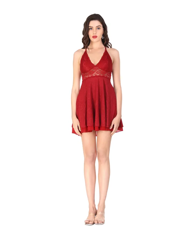 Red Lace Net Doll nighty Set for women thumbnail