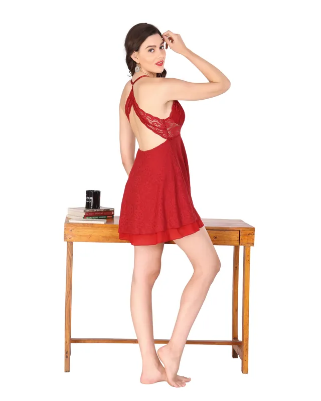Red Lace Net Doll nighty Set for women thumbnail