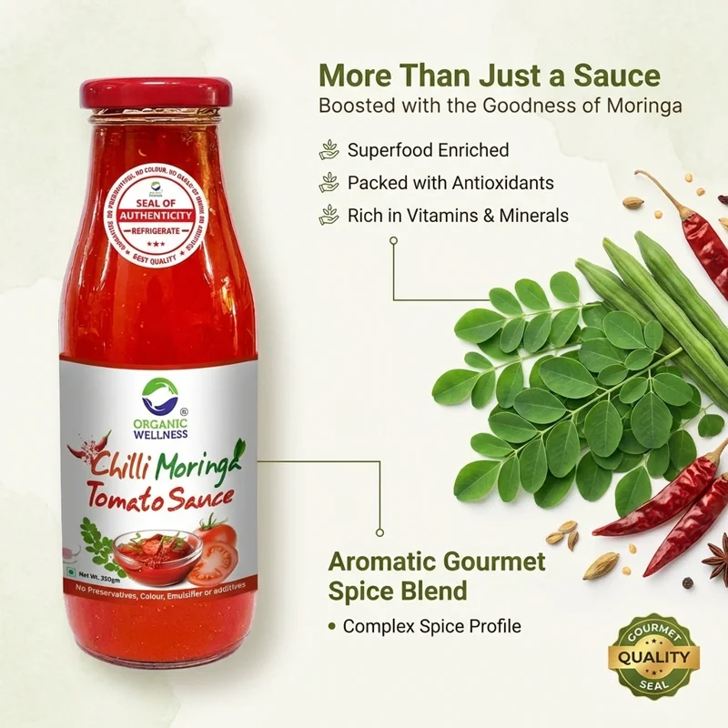 Organic Wellness Chilli Moringa Tomato Sauce – 100% Natural – No Preservatives – 350 g thumbnail