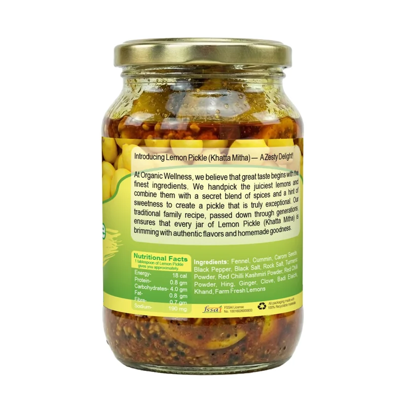 Organic Wellness Lemon Pickle – Certified Organic – Khatta Mitha, Traditional Recipe – 300 g thumbnail