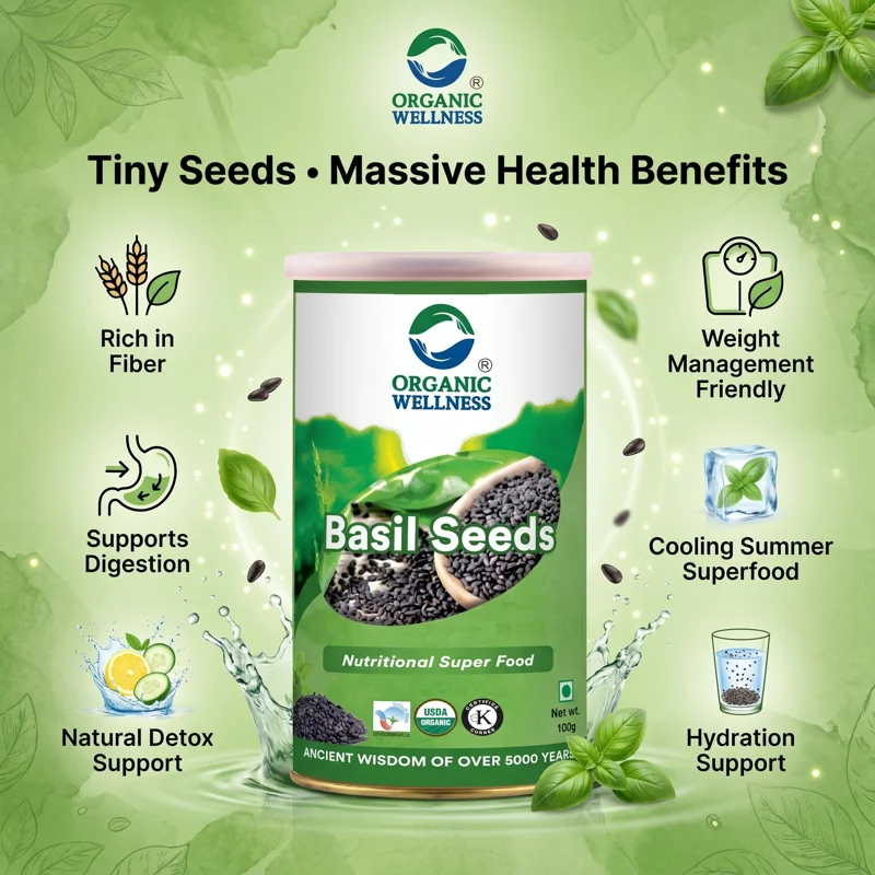 Organic Wellness Basil Seeds (Sabja) – Certified Organic – Cooling & Digestive – 100 g thumbnail