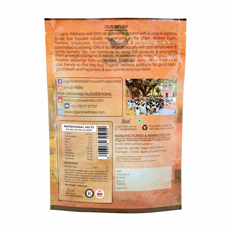 Organic Wellness Red Rice Atta – Whole Grain Flour – Stone-Ground – 450 g thumbnail