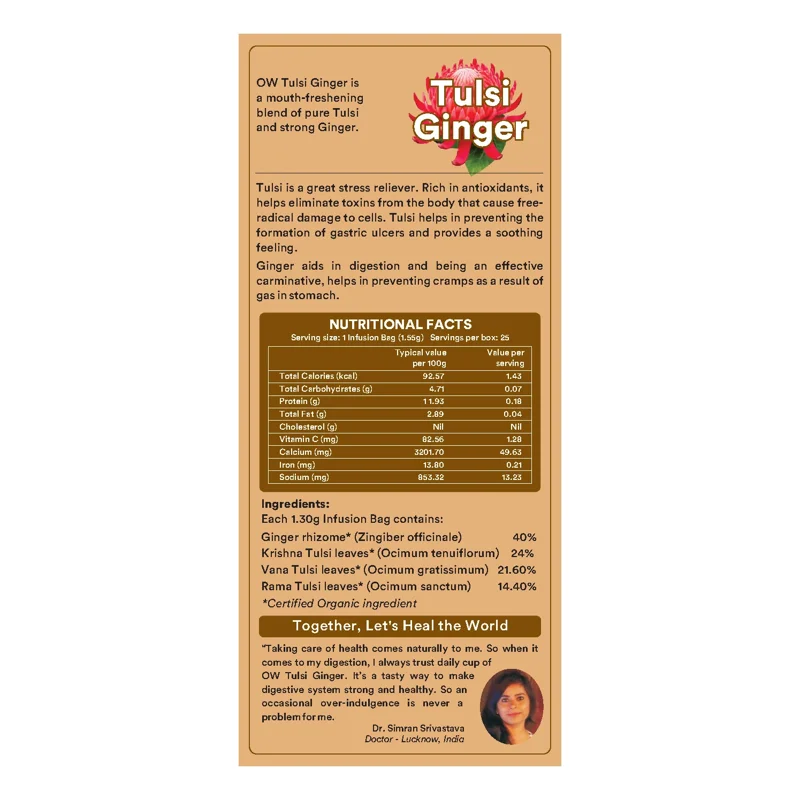 Organic Wellness Tulsi Ginger Tea – Digestive Support – Immunity Booster – 25 Teabags thumbnail