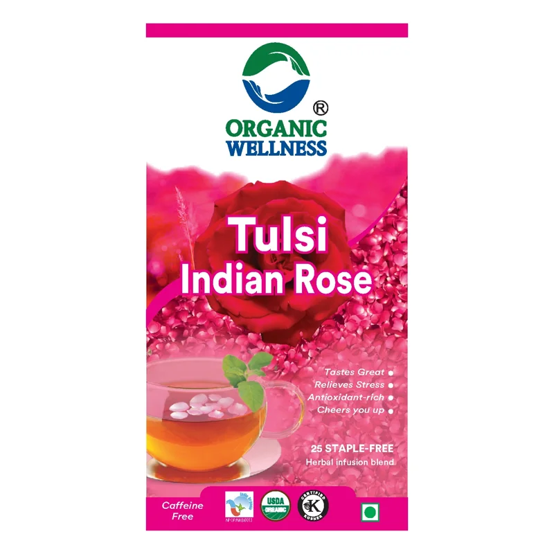 Organic Wellness Tulsi Indian Rose Tea – Certified Organic – Rich in Antioxidants, Good for Skin – 25 Teabags