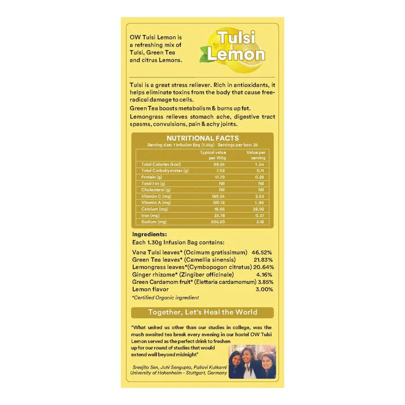 Organic Wellness Tulsi Lemon Tea – Certified Organic – Refreshing Citrus, Immunity Booster – 25 Teabags thumbnail