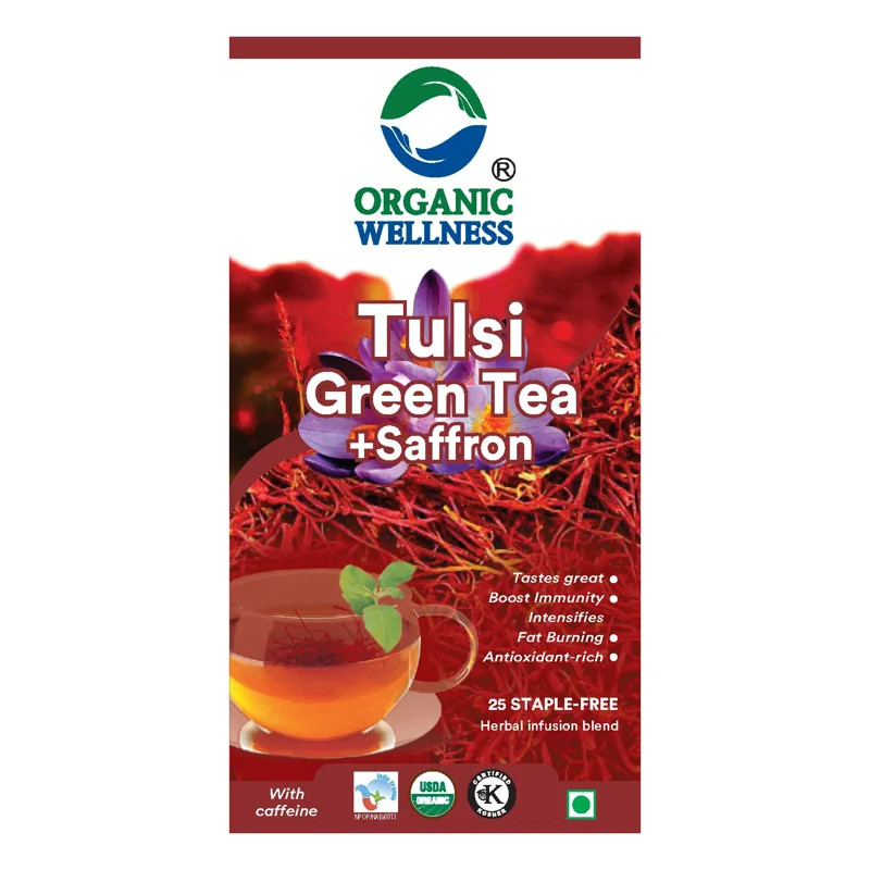 Organic Wellness Tulsi Green Tea + Saffron – Certified Organic – Premium Blend, Rich in Antioxidants – 25 Teabags