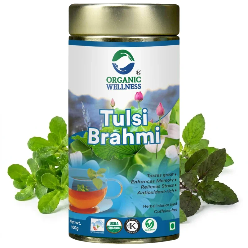 Organic Wellness Tulsi Brahmi Tea – Memory & Focus – Stress Relief – 100 g Tin