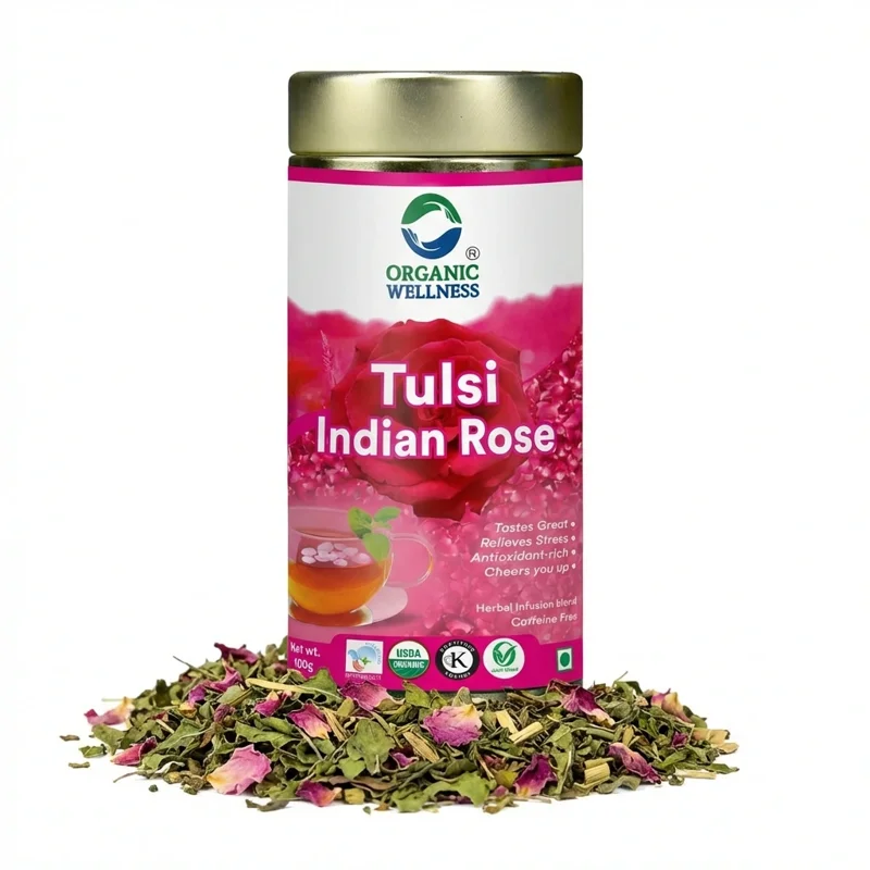 Organic Wellness Tulsi Indian Rose Tea – Certified Organic – Rich in Antioxidants, Good for Skin – 100 g Tin thumbnail