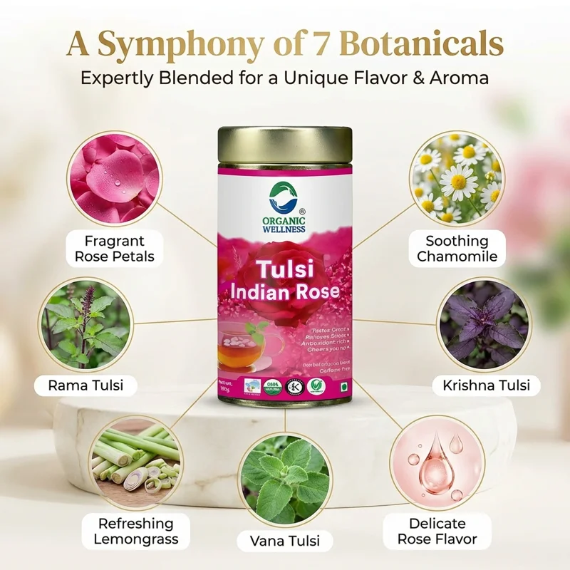 Organic Wellness Tulsi Indian Rose Tea – Certified Organic – Rich in Antioxidants, Good for Skin – 100 g Tin thumbnail