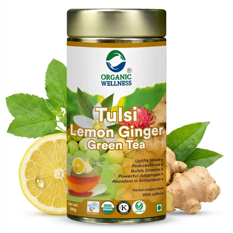 Organic Wellness Tulsi Lemon Ginger Green Tea – Certified Organic – Refreshing & Digestive – 100 g Tin thumbnail