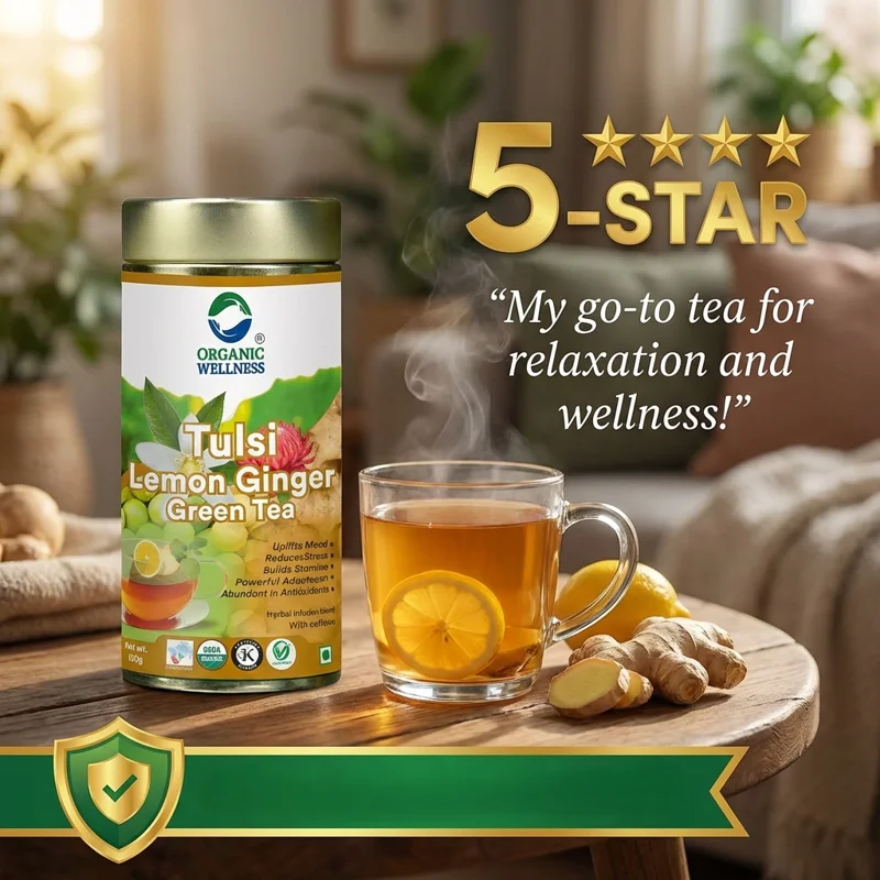 Organic Wellness Tulsi Lemon Ginger Green Tea – Certified Organic – Refreshing & Digestive – 100 g Tin thumbnail