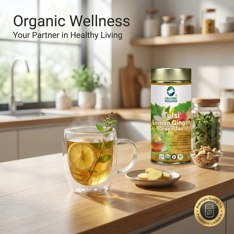Organic Wellness Tulsi Lemon Ginger Green Tea – Certified Organic – Refreshing & Digestive – 100 g Tin thumbnail
