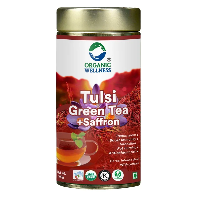 Organic Wellness Tulsi Green Tea + Saffron – Certified Organic – Premium Blend, Rich in Antioxidants – 100 g Tin thumbnail