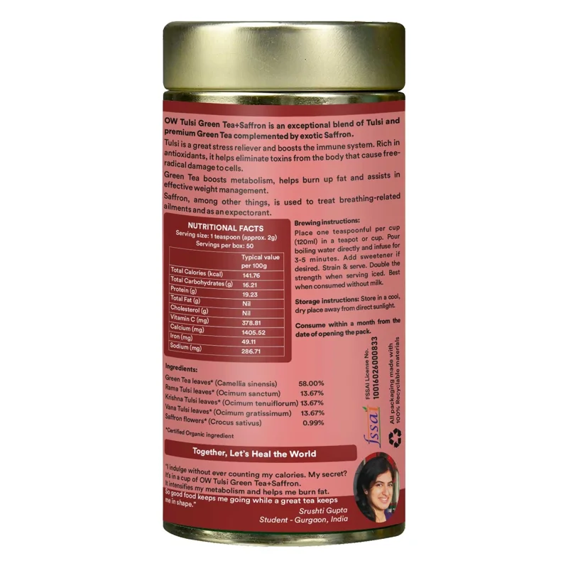 Organic Wellness Tulsi Green Tea + Saffron – Certified Organic – Premium Blend, Rich in Antioxidants – 100 g Tin thumbnail