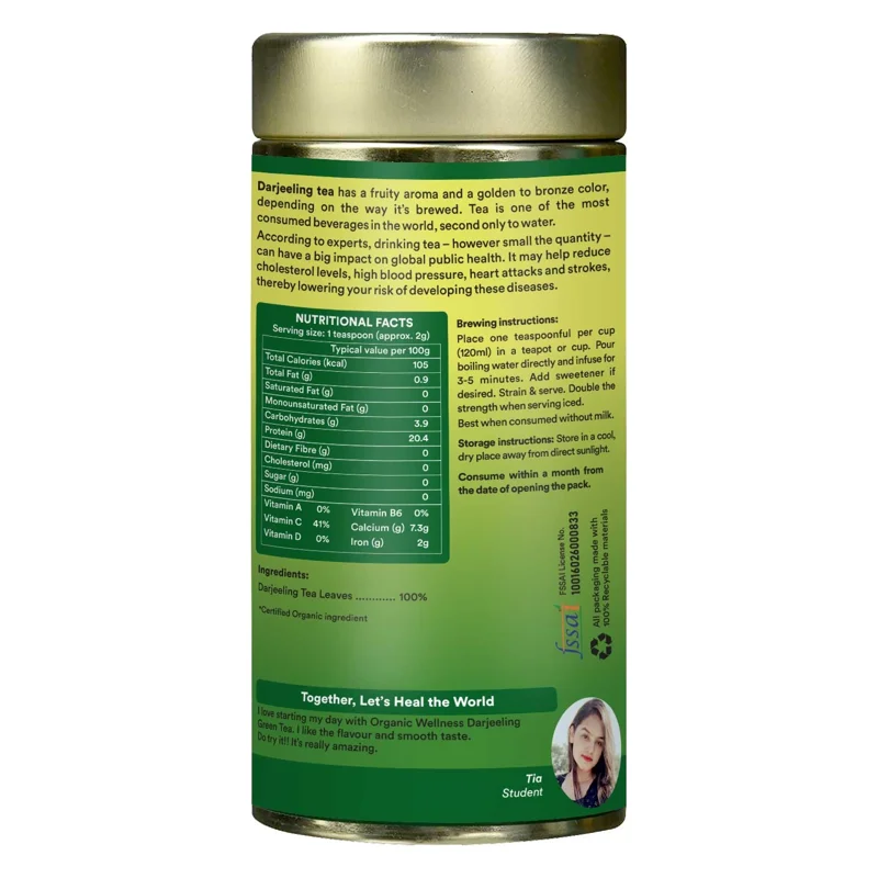 Organic Wellness Darjeeling Green Tea – Certified Organic – Premium Single Estate, Rich in Antioxidants – 100 g Tin thumbnail