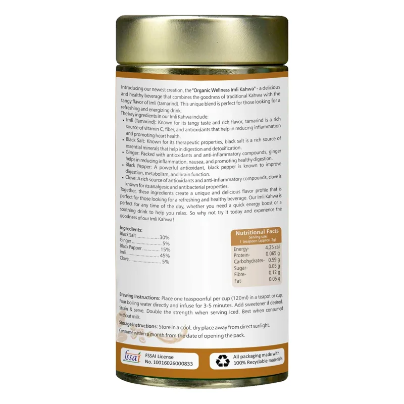 Organic Wellness Imli Kahwa – Certified Organic – Tangy Tamarind Digestive Tea, Ginger & Black Salt – 100 g Tin thumbnail