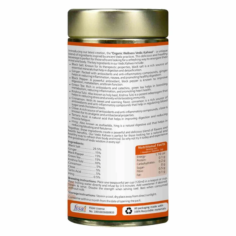 Organic Wellness Vedic Kahwa Tea – Certified Organic – Ancient Vedic Recipe, Refreshing & Digestive – 100 g Tin thumbnail