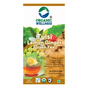 Organic Wellness Tulsi Lemon Ginger Green Tea – Certified Organic – Refreshing & Digestive – 25 Teabags