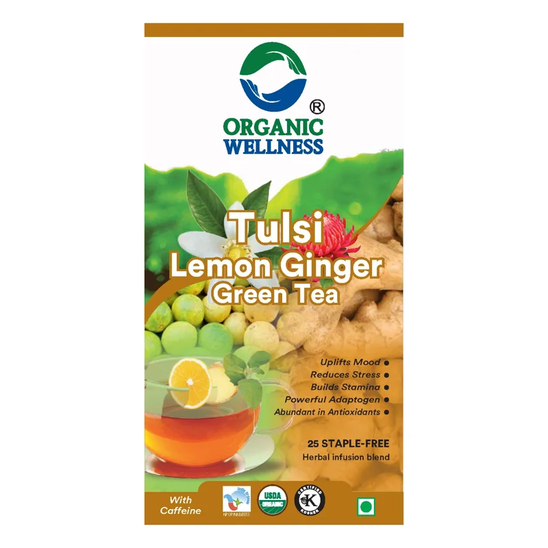 Organic Wellness Tulsi Lemon Ginger Green Tea – Certified Organic – Refreshing & Digestive – 25 Teabags thumbnail