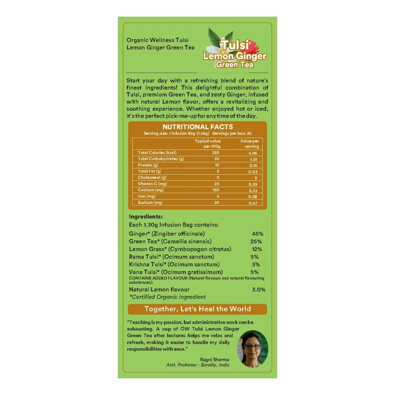 Organic Wellness Tulsi Lemon Ginger Green Tea – Certified Organic – Refreshing & Digestive – 25 Teabags thumbnail