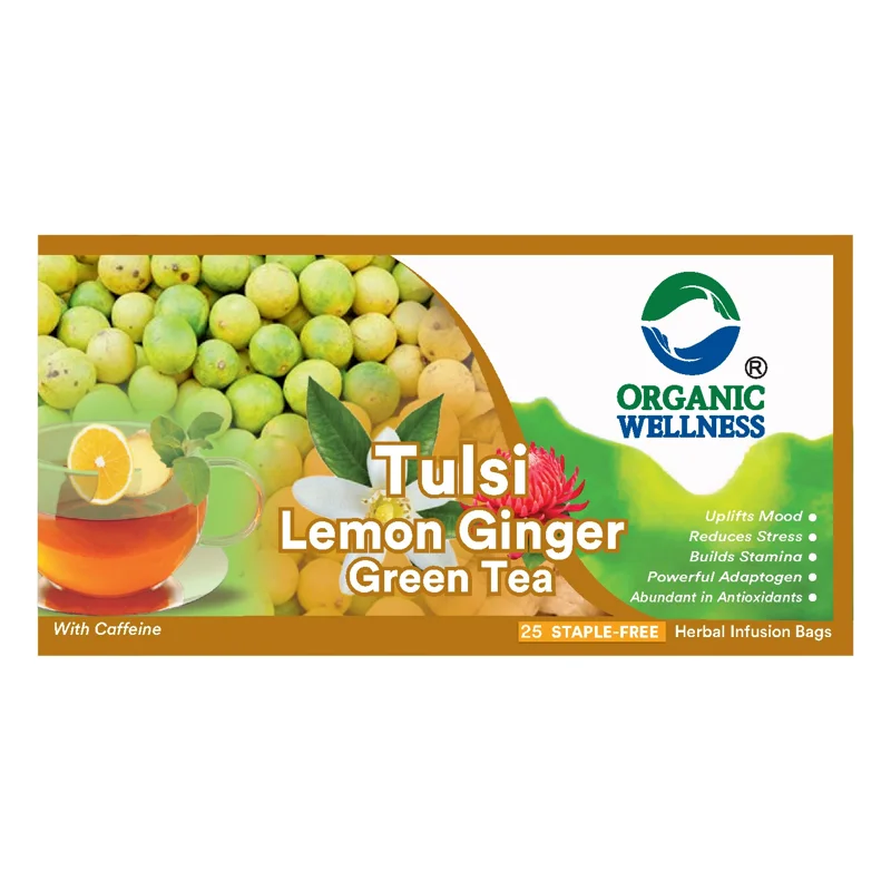 Organic Wellness Tulsi Lemon Ginger Green Tea – Certified Organic – Refreshing & Digestive – 25 Teabags thumbnail