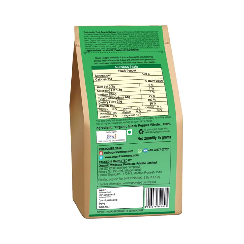 Organic Wellness Black Pepper Whole – King of Spices – Stone-Ground – 75 g thumbnail