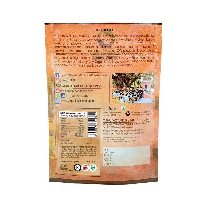 Organic Wellness Red Chilli Whole – Premium Dried Chillies – Stone-Ground – 100 g thumbnail