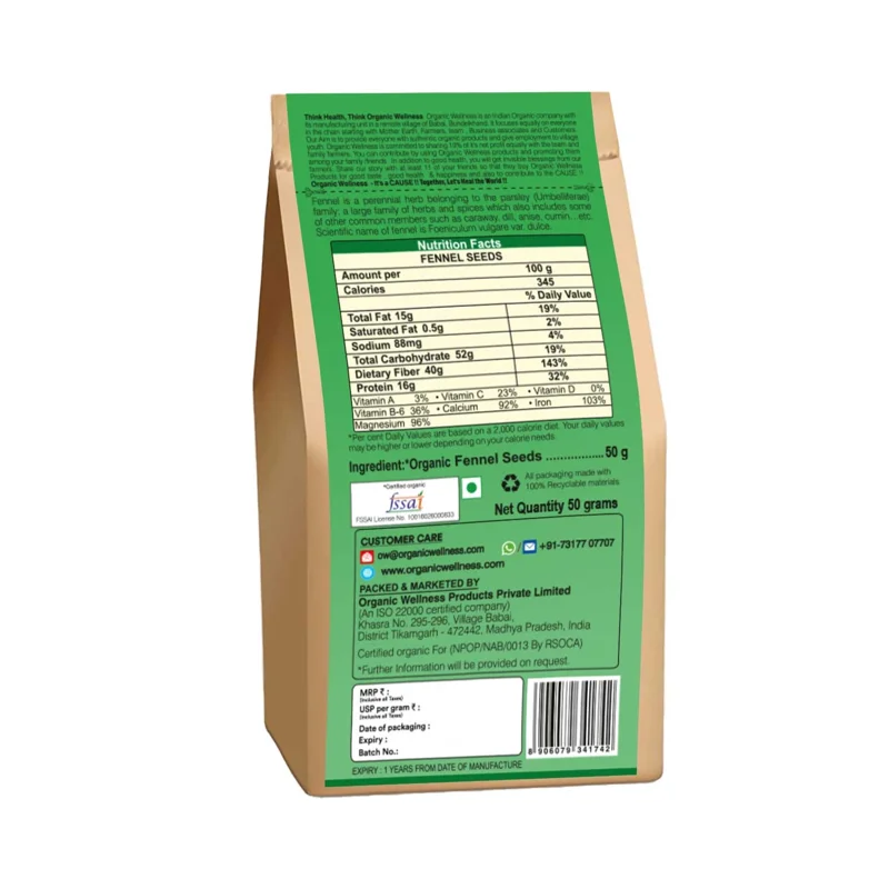 Organic Wellness Fennel Seeds – Certified Organic – Hand-Picked, Digestive Aid – 50 g thumbnail