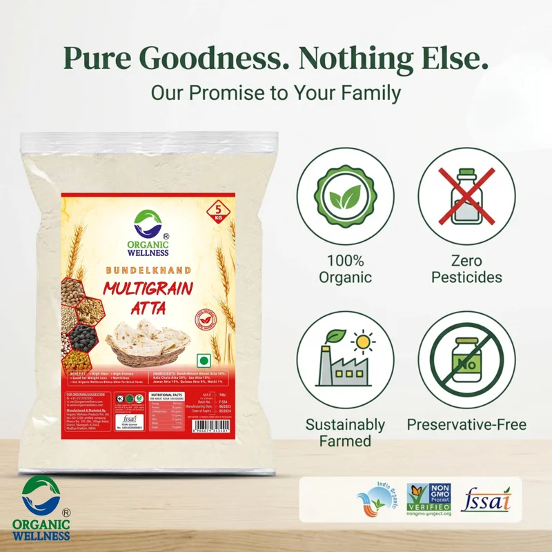Organic Wellness Whole Wheat Multigrain Atta – High Protein & High Fiber – Diabetic Friendly – Certified Organic thumbnail