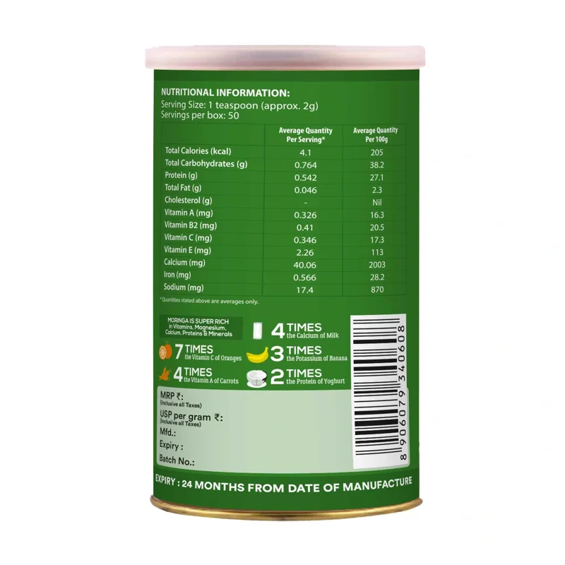 Organic Wellness Moringa Powder (Sahjan) – Certified Organic – Rich in 90+ Nutrients, Superfood – 100 g thumbnail