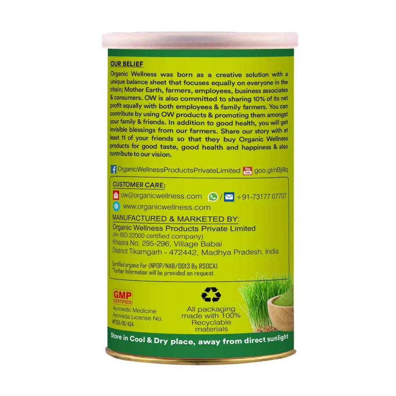 Organic Wellness Wheatgrass Powder – Certified Organic – Superfood, Rich in Chlorophyll – 100 g thumbnail