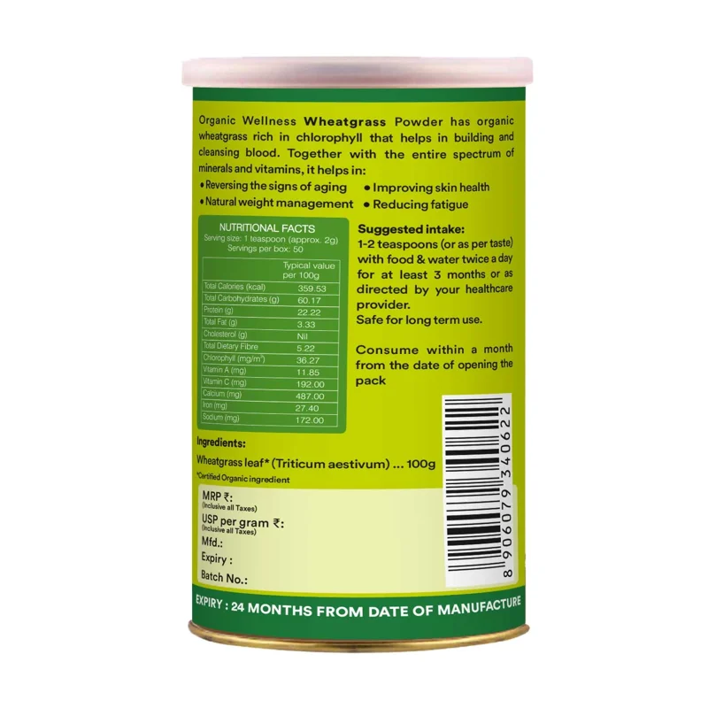 Organic Wellness Wheatgrass Powder – Certified Organic – Superfood, Rich in Chlorophyll – 100 g thumbnail